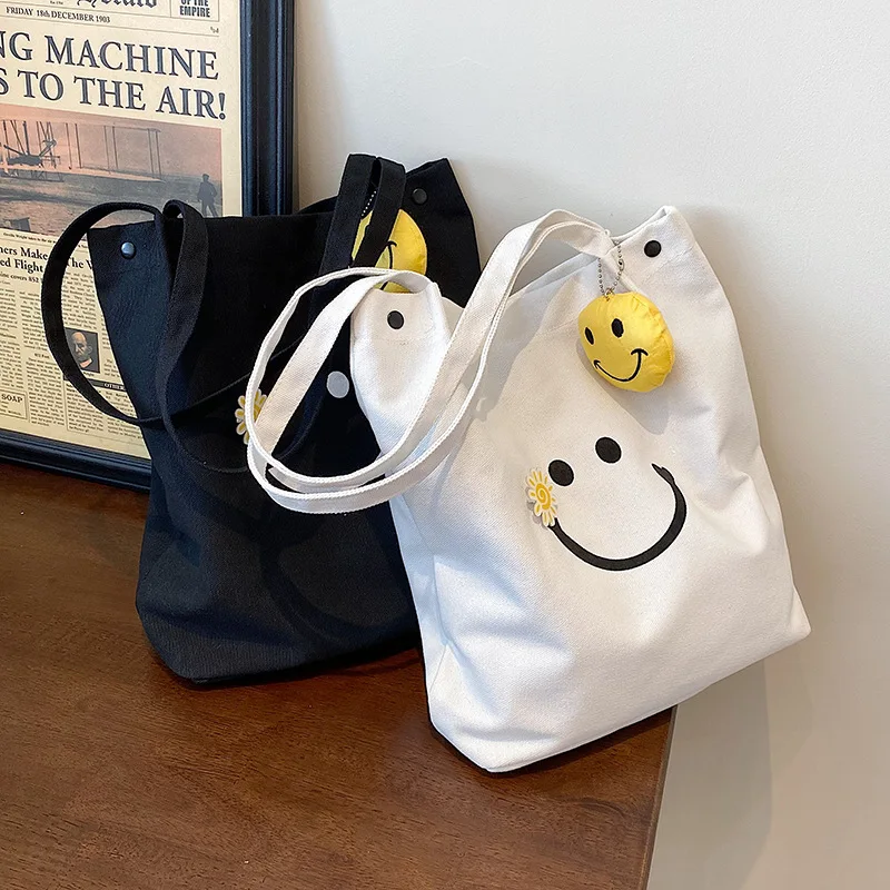 

Cute Smiley 2021 New Women Canvas Shoulder Bags Female Large Capacity Handbag Tote Bag Reusable Environmental Protection Bag