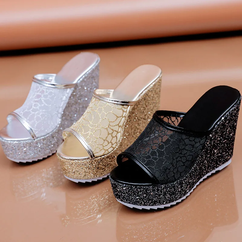 

Women Platform Wedges Sandals Slippers New Female Peep Toe Mesh Supper High Heeled Shoes Casual Summer Slides Slippers Ladies
