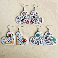 science nurse motif pattern print heart shape dangle earrings 2022 new saint valentines day teachers day gifts free shipping