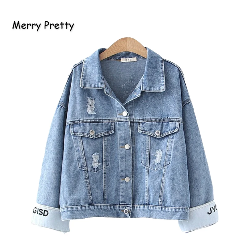 

Женская джинсовая куртка MERRY PRETTY, однобортная куртка из денима с длинным рукавом и отложным воротником, с вышивкой надписями, для зимы, 2020
