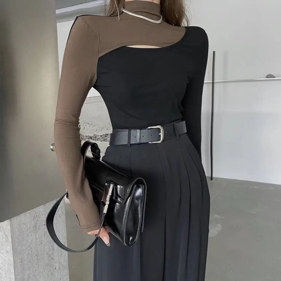 

y2k half high neck stitching contrast color t-shirt women's 2021 early autumn new slim design sense hollow bottoming shirt top