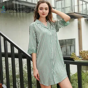Women's Sleepshirt Natural Silk Womens Long Shirt Half Sleeve Striped W/ Lace Sleepwear Size M L XL XXL