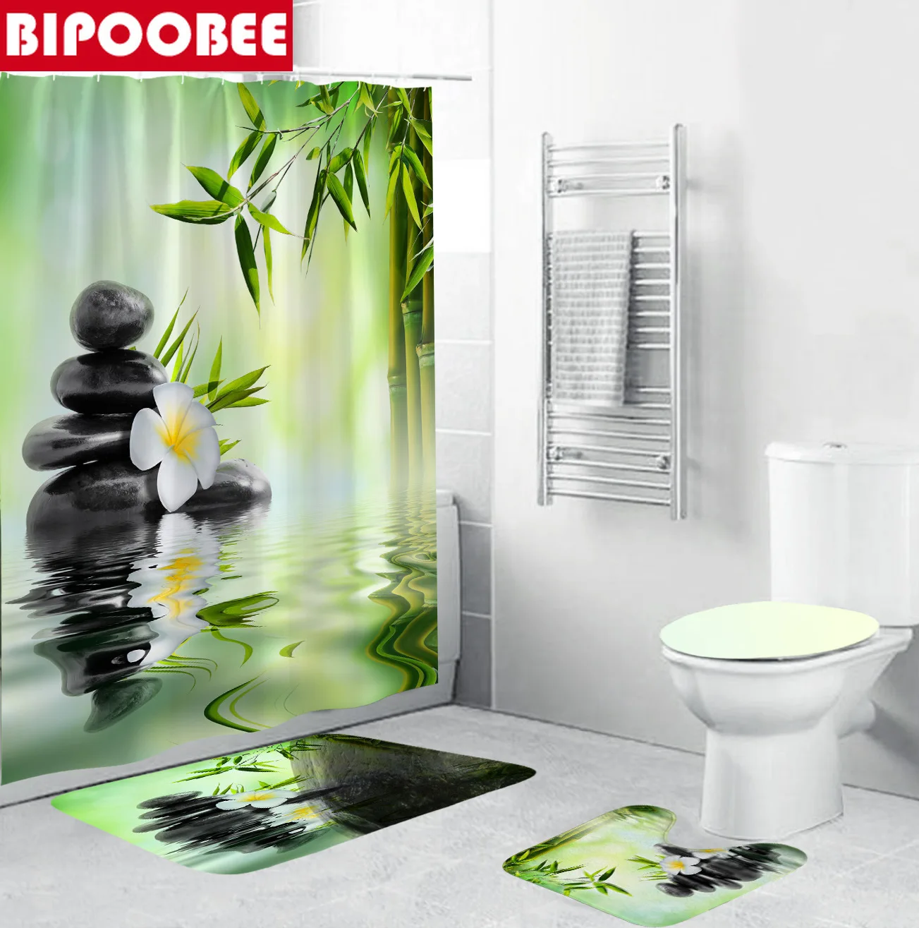 Черная занавеска для душа из дзен-камня бамбуковый лес озеро зеленое растение