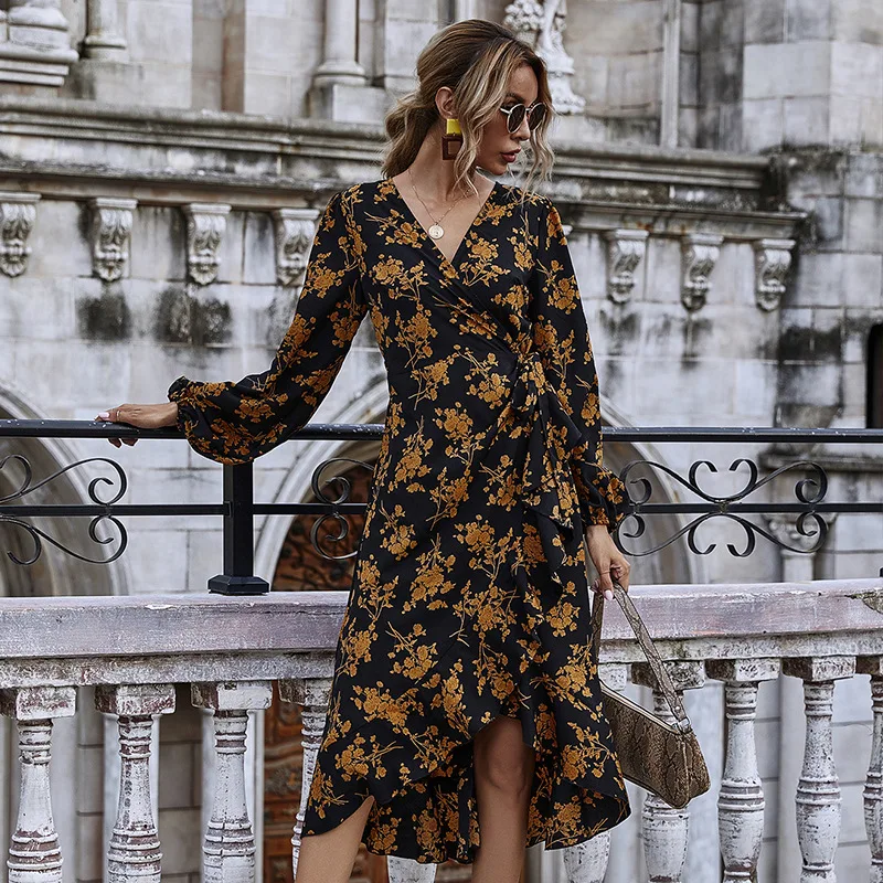 

Floral Dress Spring Summer V-neck Sexy Women's New Dress Bubble Long Sleeve High Waist Mid-length Strap Ruffled Hem Slim Dress