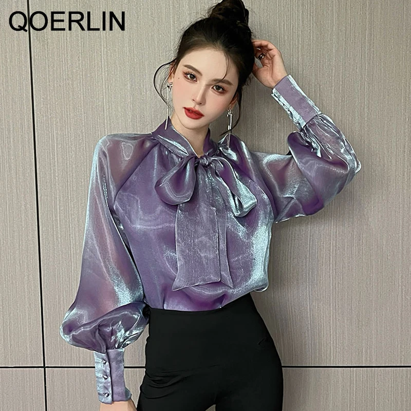 

QOERLIN Women Korean Solid Transparent Long Sleeve Tops 2022 Spring New Mesh Blouse Ladies Elegant Bowknot Purple Chiffon Shirt