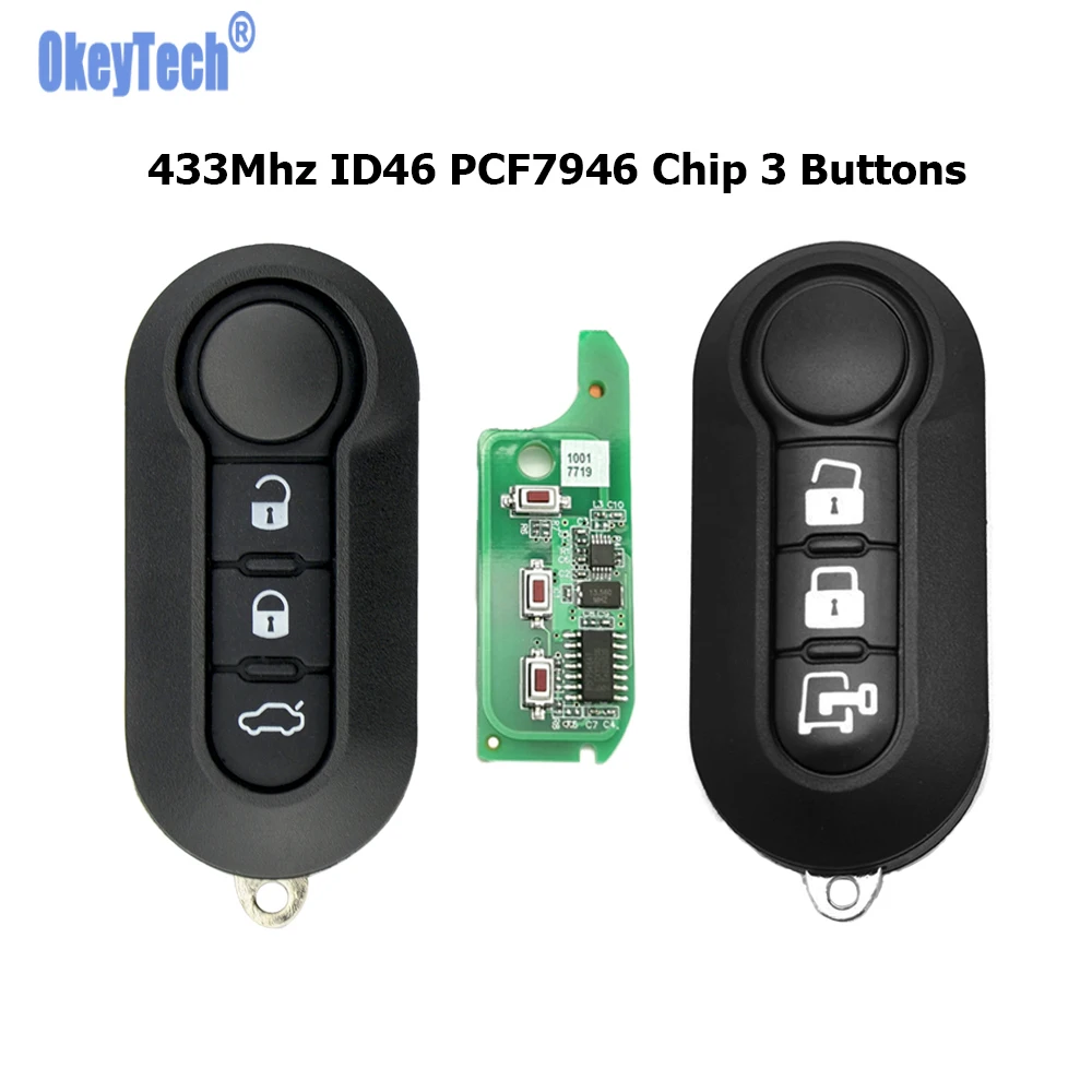 OkeyTech Folding Flip Remote Car Key For Fiat 500 500L Punto Florino Doblo Qubo 433mhz ID46 PCF7946 Chip 3 Buttons Uncut Blade | Автомобили