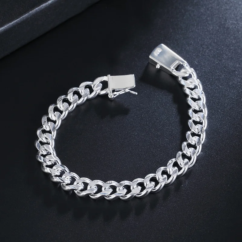 

925 Sterling Silver 10MM Square Buckle Side Chain Bracelet for Women Men Party Christmas Gift Wedding Fine Jewelry