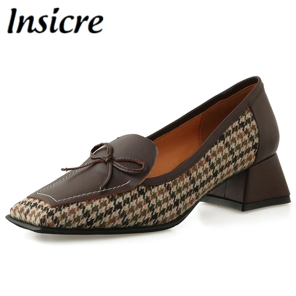 

Женские туфли-лодочки из коровьей кожи Insicre, вечерние квадратным носком и бантом, на среднем каблуке, без застежек, в стиле ретро, для лета и в...