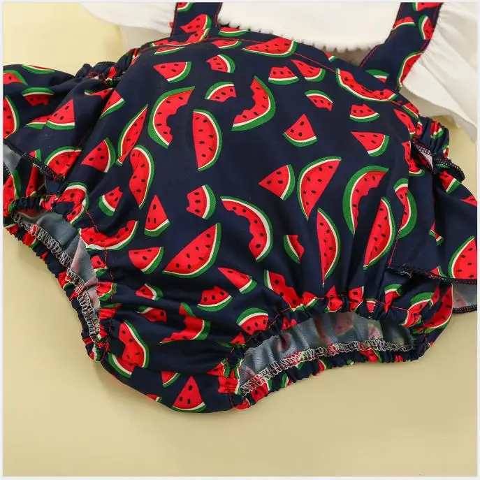 

2020 Fashion Infant Baby Girl Clothes Watermelon Print Romper Ruffle Fly Jumpsuit Headband 2Pcs Outfits