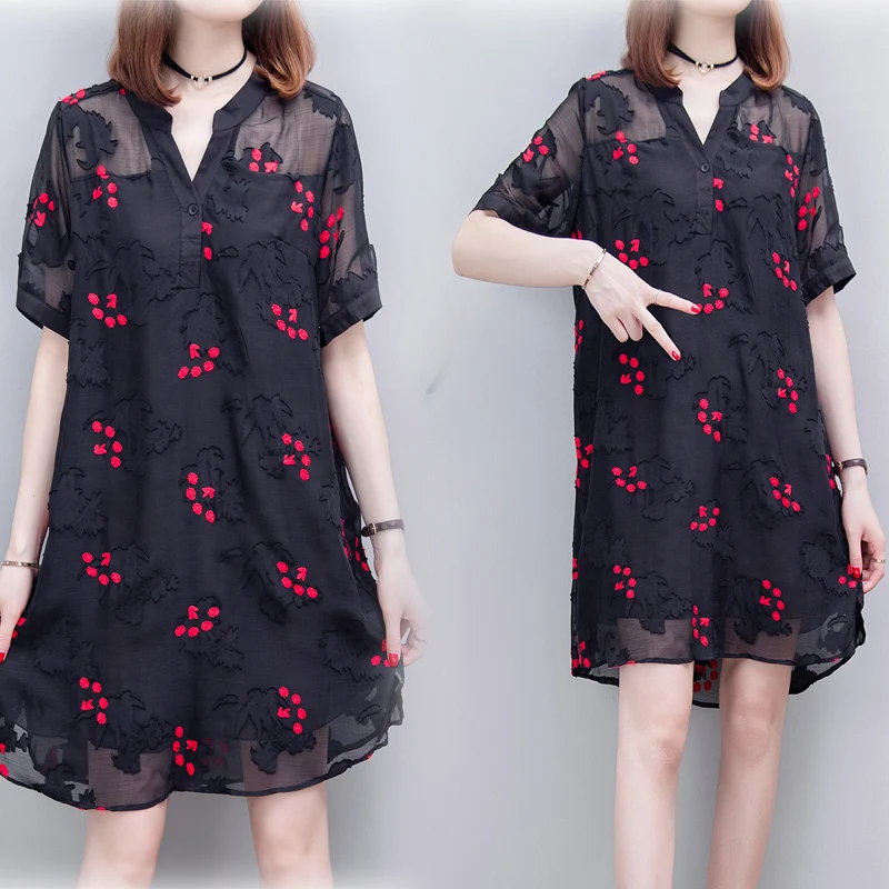 Летнее шифоновое платье-рубашка большого размера с вышивкой в Корейском стиле