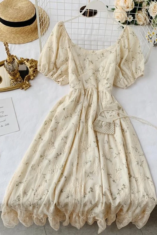 

vestidos verano 2020 summer clothes dresses vintage elegant floral O-Neck lace Puff Sleeve Empire a-line midi beach dress women