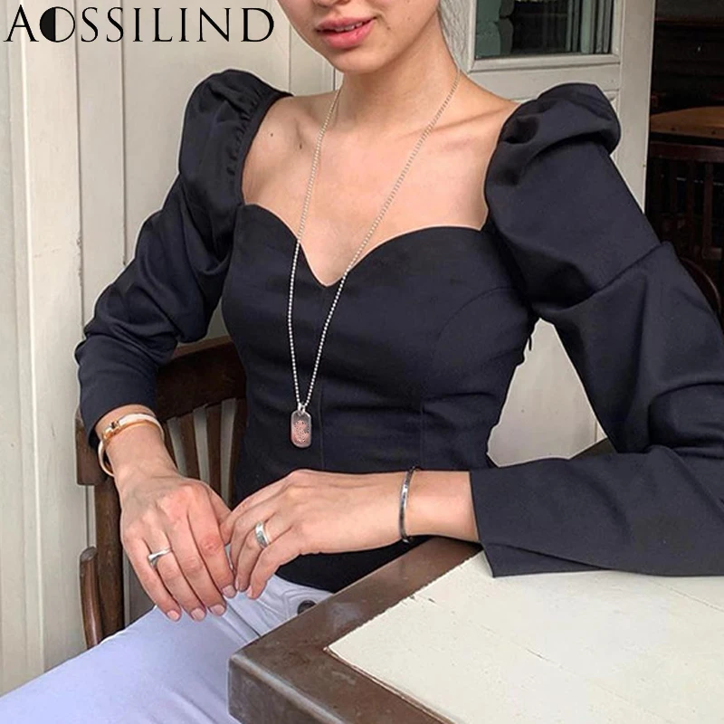 AOSSILIND пикантные черные однотонные топы с длинными рукавами-фонариками и