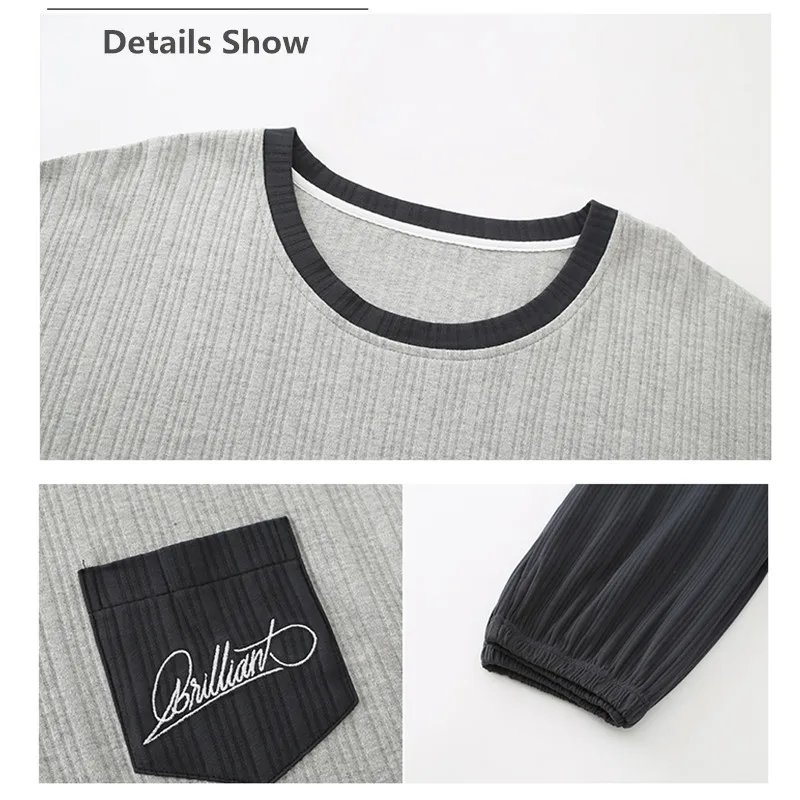 CAIYIER Autumn Winter Men Pajamas Set Cotton Plus Size Lounge Wear Contracted Print O-Neck Long Sleeve Trousers Male Nightwear