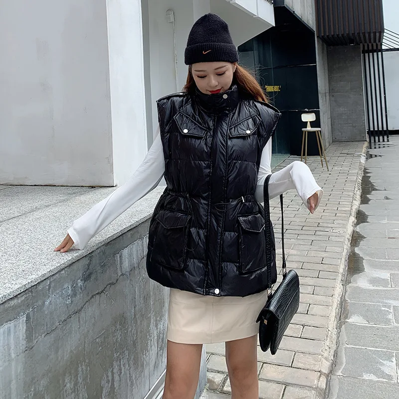 

FNOCE women's down jackets Sleeveless Vest 2020 winter new fashion street solid stand collar zipper slim women down vest coats
