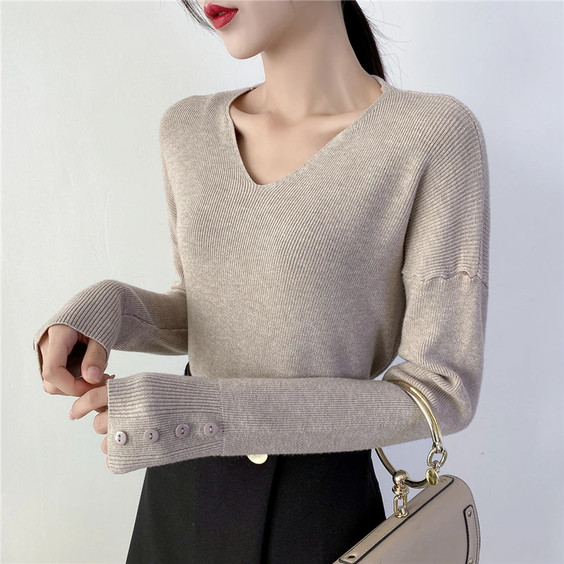 

2021 Spring Winter Thick Sweater Women Knitted Ribbed Pullover Sweater V-neck Loose Button Jumper Soft Warm Pull Femme