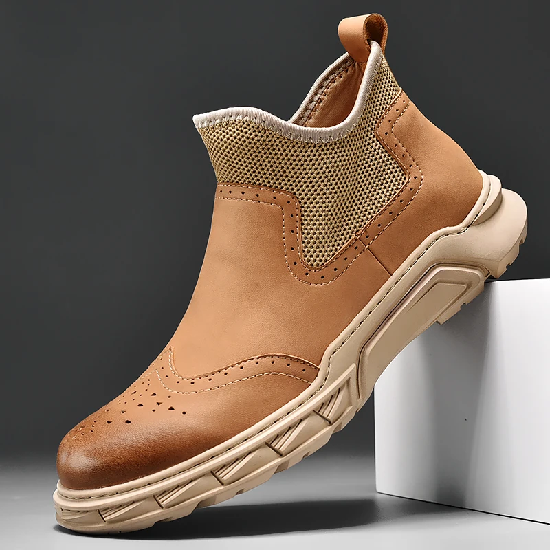 

Men's High-Top Shoes Fashion Leather Splicing Slip-On Shoes Fall Winter Plus Fleece Warm Casual Shoes British Retro Men Shoes