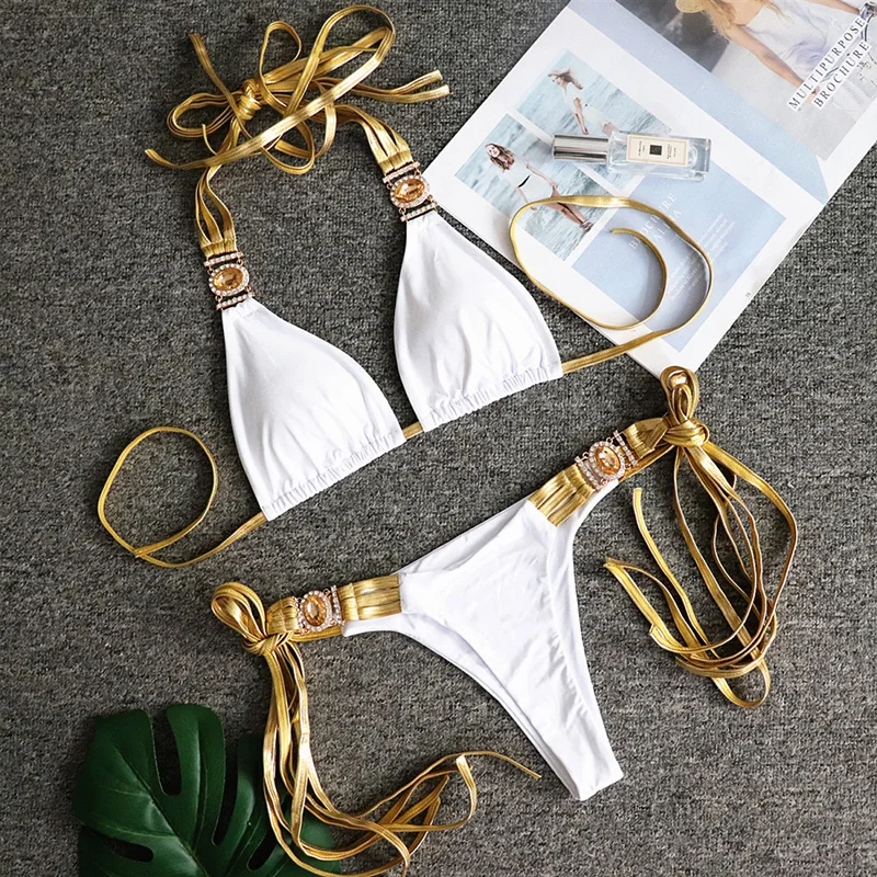 2022 Rhinestone Crystal Tassel Bikini Women Golden Bandeau Swimsuit Female Halter Swimwear Two-pieces Bikini set Bathing Suit