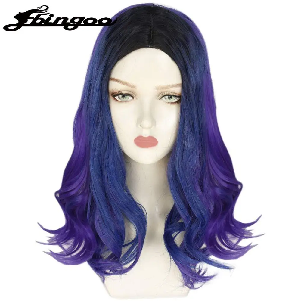 Ebingoo Cosplay Wig High Temperature Fiber Long Body Wave Blue Ombre Purple Synthetic Middle Part for Women Costume Party