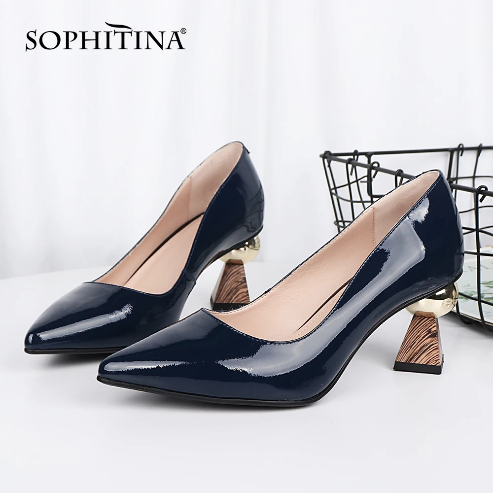 

SOPHITINA Casual Women Pumps Blue Strange Style Handmade Genuine Leather Pumps Pointed Toe All-Match Commute Lady Shoes K124