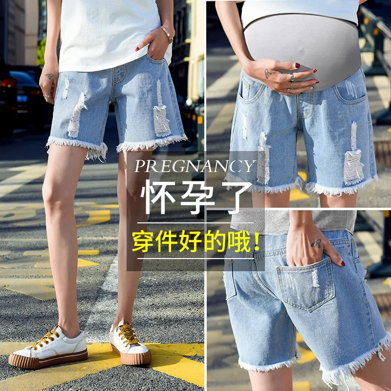 

Plus Size Pregnant WomenDenim Shorts Ripped Hole Wide Leg Pants Fashion Maternity High Waist Nursing Summer Pregnancy Clothes