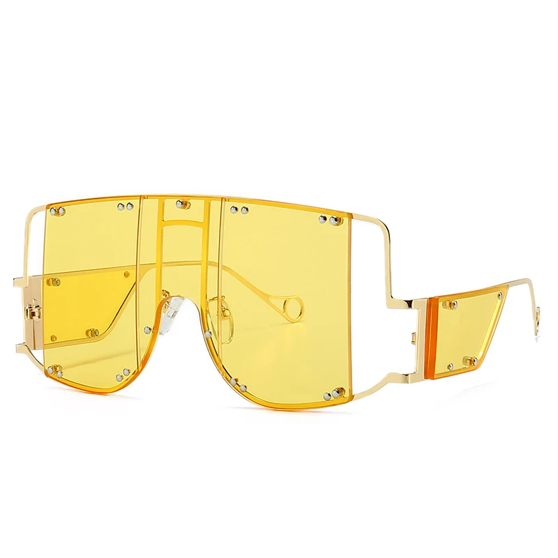 yellow lens Rihanna, большие женские солнцезащитные очки,, Роскошные бренды, трендовые красные очки, модные, новые, с заклепками, черные оттенки, огромные очки, UV400 - Цвет линз: yellow lens