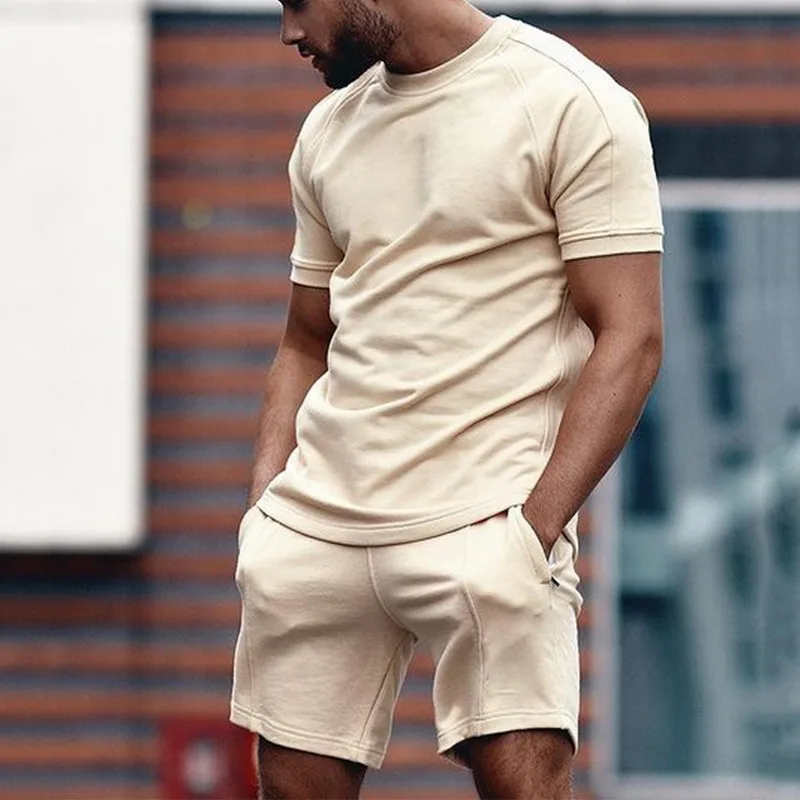 

2021 Summer Men Short Sleeve T Shirt +Shorts Solid Male Shorts Sets Men's Brand Clothing 2 Pieces Sets Male Tracksuit Set New
