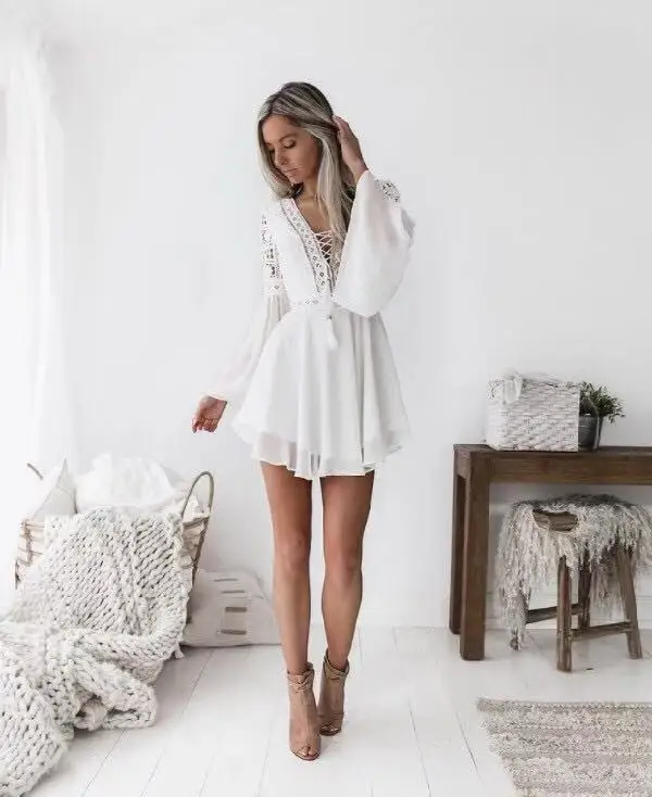 

Hollow Out Chiffon Dress Sexy Women Mini Dress Cross Bandage Lace Semi-sheer Plunge V-Neck Long Sleeve Dress Black/White