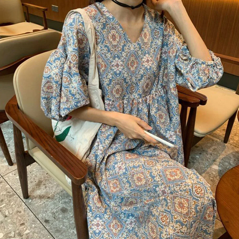 

Japan Style Korean Fashion Summer Dress 2021 Loose Casual Simple Temperament Printing All-match Gather Lantern Sleeve V-neck