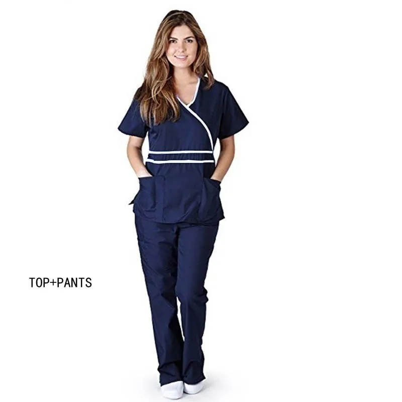 dark blue set Женская мода скраб набор макет обернуть топ с завязкой сзади+ эластичные талии брюки - Цвет: dark blue set