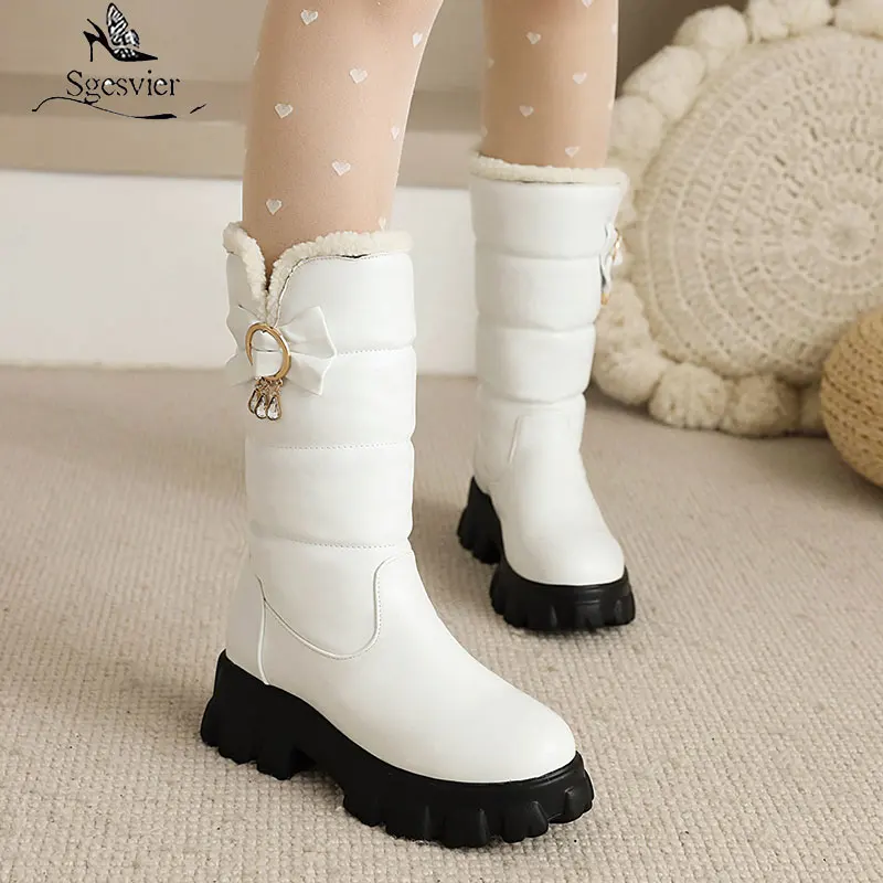 

Sgesvier Fashion Thick Heels Women Boots pu Leather Mid Calf Plush Winter Warm Snow Boots Women Cotton Boots Female Shoes