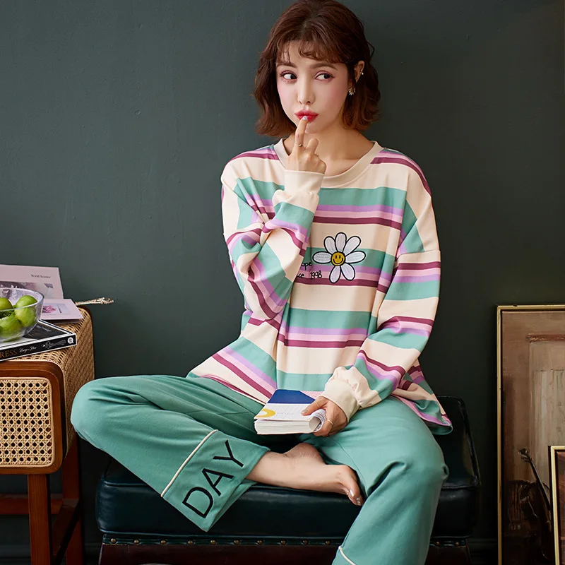 

Spring Autumn Female Set Head Cartoon Print Pajamas Suits 2PCs Women Long Sleeves Korean Style Sleepwear Lively пижама женская