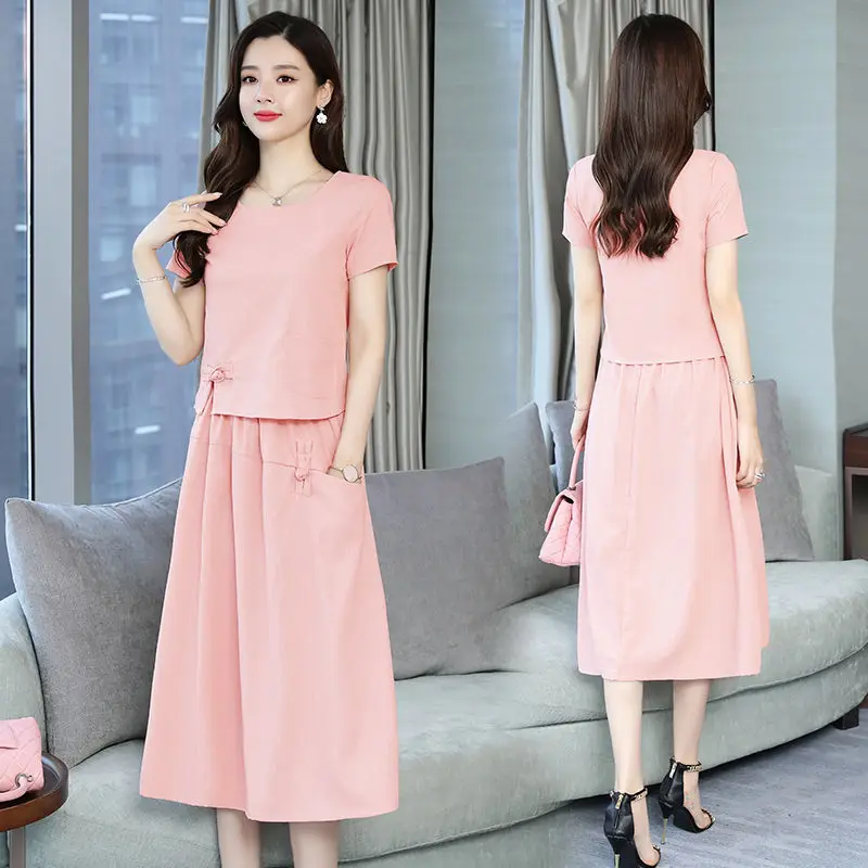 2020 New Summer Women Fashion Holiday Outfits Cotton Linen Short Sleeve T-Shirt + Elegant Skirt 2 Piece Sets Female Suit H65 |