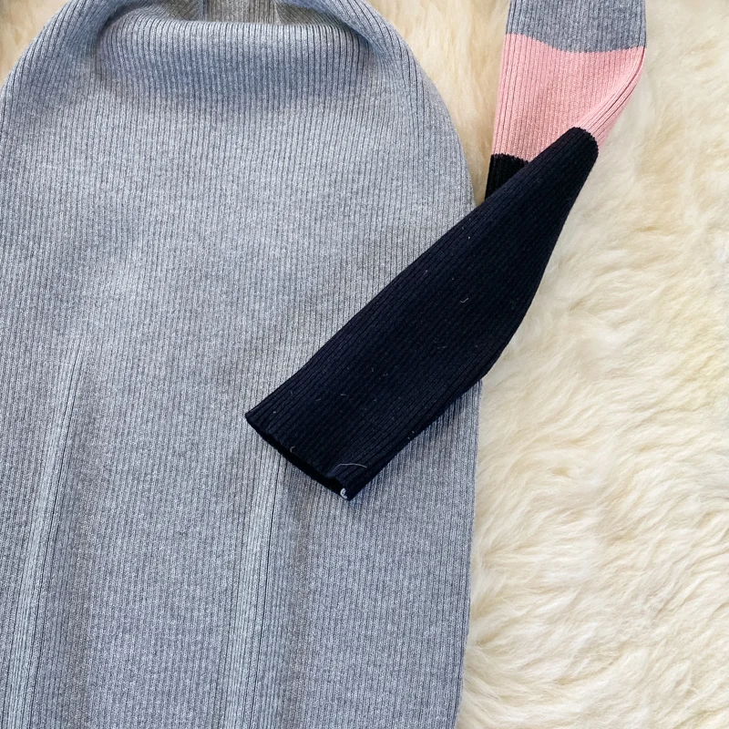 Fashion Patchwork Maxi Dresses Long Sleeve Knitted Sweater Robe Winter V Neck High Waist Elegant Slim Casual Midi Rib Vestidos | Женская