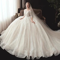 luxury lace wedding dresses 2022 long sleeves o neck beads pearls ball gown bride dresses court train exquisite bridal gowns