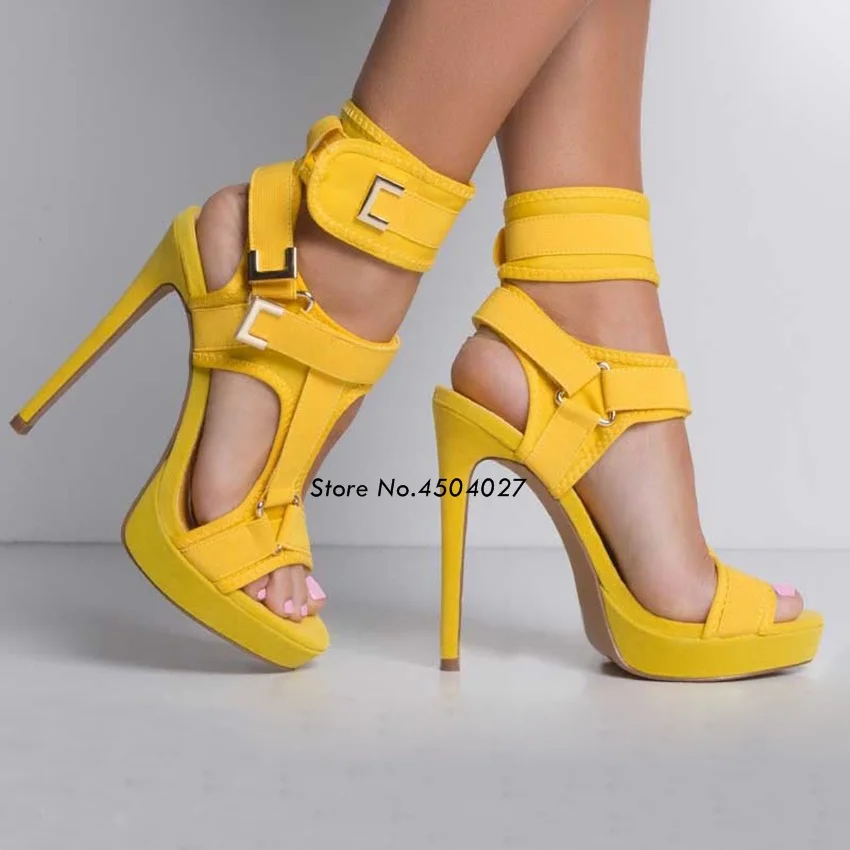 Фото Летние сандалии на платформе с ремешком щиколотке женская обувь желтого цвета