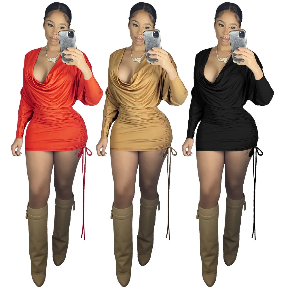 

Cutubly Sexy Mini Dress Autumn Womens Lace Up Elegant Club Party Dresses Pile Collar Low Cut Female Clothing Outfits Casual