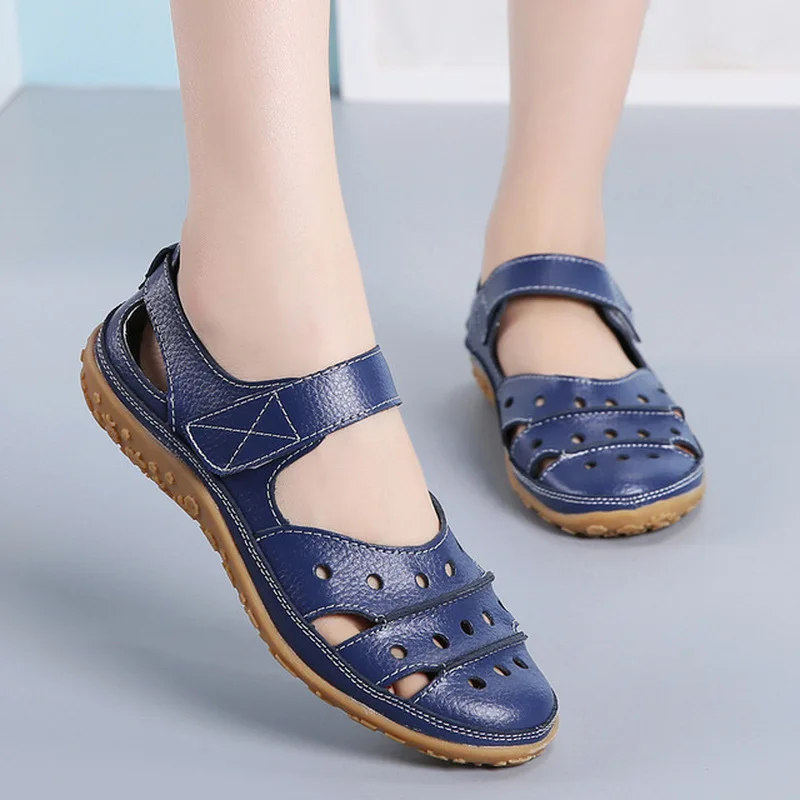 

Retro Leather Women Sandals Casual Shoes Comfortable Soft Woman Fashion Plus Size Sandals High Quality Mother Ladies Shoes Flats
