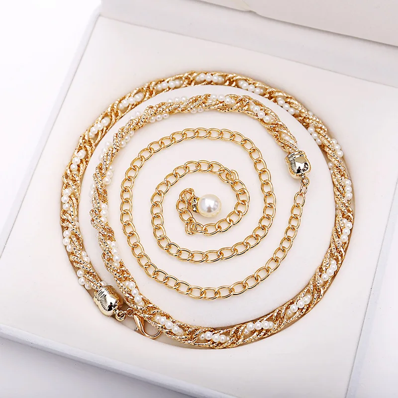 

New fashion luxury metal winding pearl waist chain ladies versatile dress clothing chain belt accessories gold chain belt