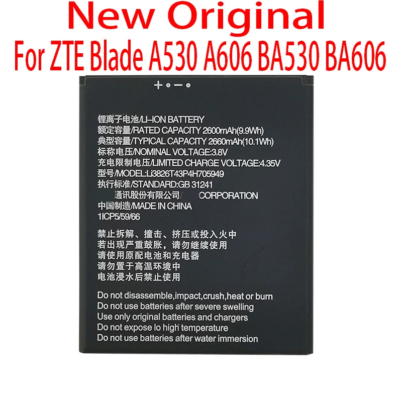 

New Original 2600mAh Li3826T43P4h705949 Battery FOR ZTE Blade A5 2019 / Blade A3 2020 A530 A606 BA530 BA606 Phone Replacement