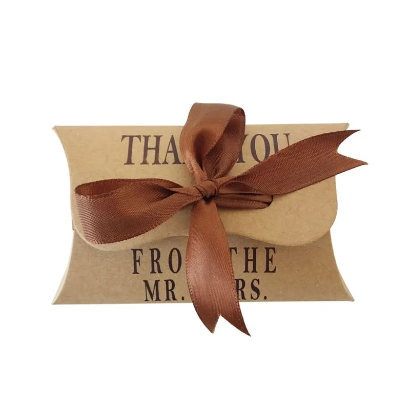

50PCS Vintage Style Candy Box Solid Ribbon Kraft Paper Gift Bag Pillow Box Birthday Party Wedding Gifts for Guests Packaging Box