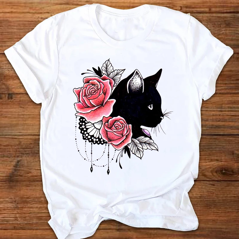 

Women Graphic Cartoon Cat Animal Flower Fashion Printing 90S Style Print Clothing Lady Tees Tops Female T-shirt Womens T-shirt