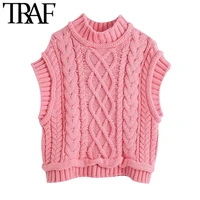 traf women sweet fashion cable knitted cropped vest sweater vintage high neck sleeveless female waistcoat chic tops