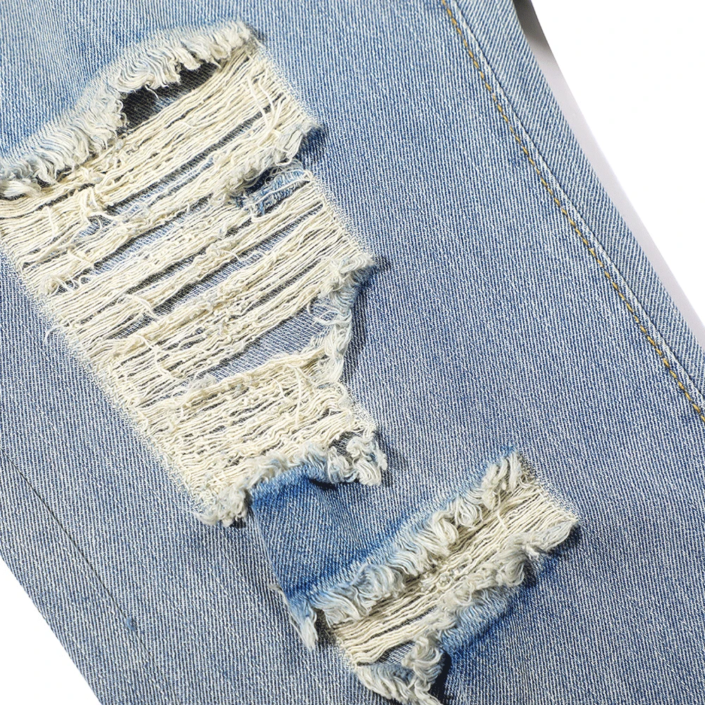 2021 Chic Hole Ripped Embroidery Retro Washed Men Baggy Jeans Trousers Rough Edges Hip Hop Straight Denim Pants Pantaloni Uomo