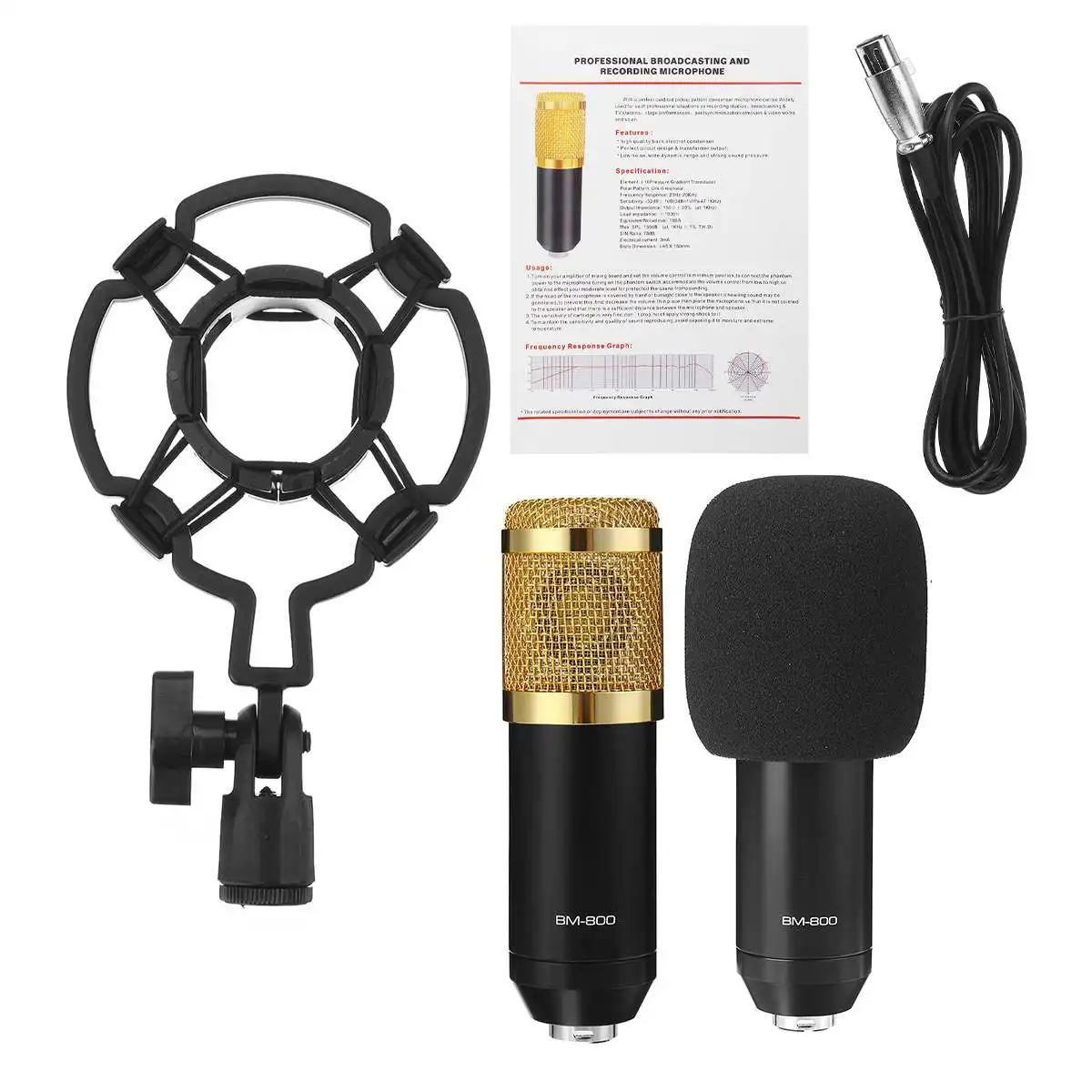 

Professional Condenser Microphone for KTV Radio Braodcasting BM800 Sound Recording Microphone with Shock Mount+Foam Cap+Cable