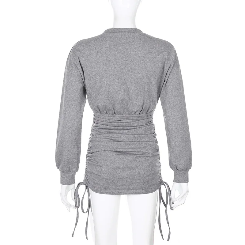 

Ruched Drawstring Long Sleeve Cotton Short Dresses Women Bodycon Casual Gray Dress Solid Party Wear Female Vestido 2021