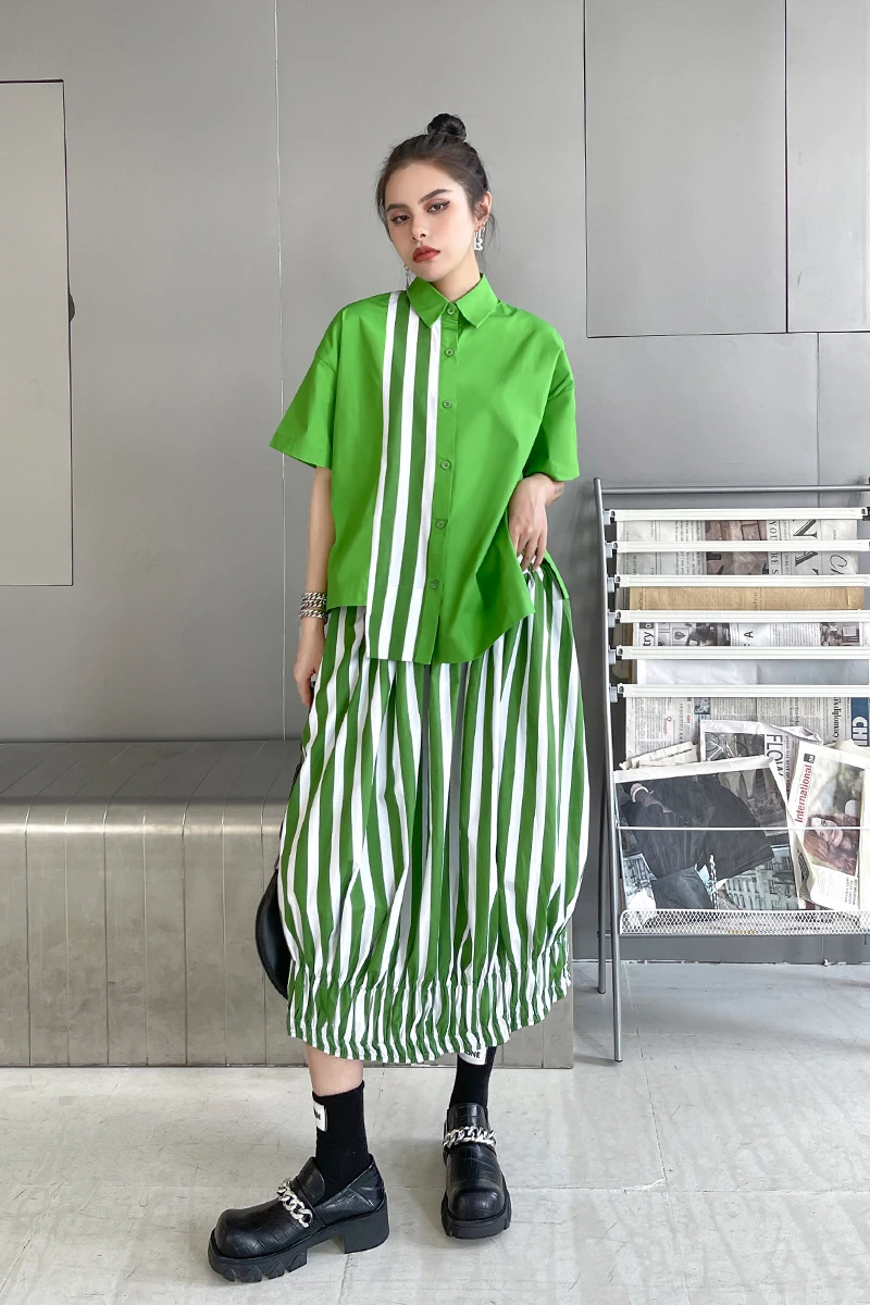 

SuperAen Streetwear Shirt Skirt Female 2021 New Summer Loose and Thin Striped Shirt Skirt Fashion Two Pieces Sets