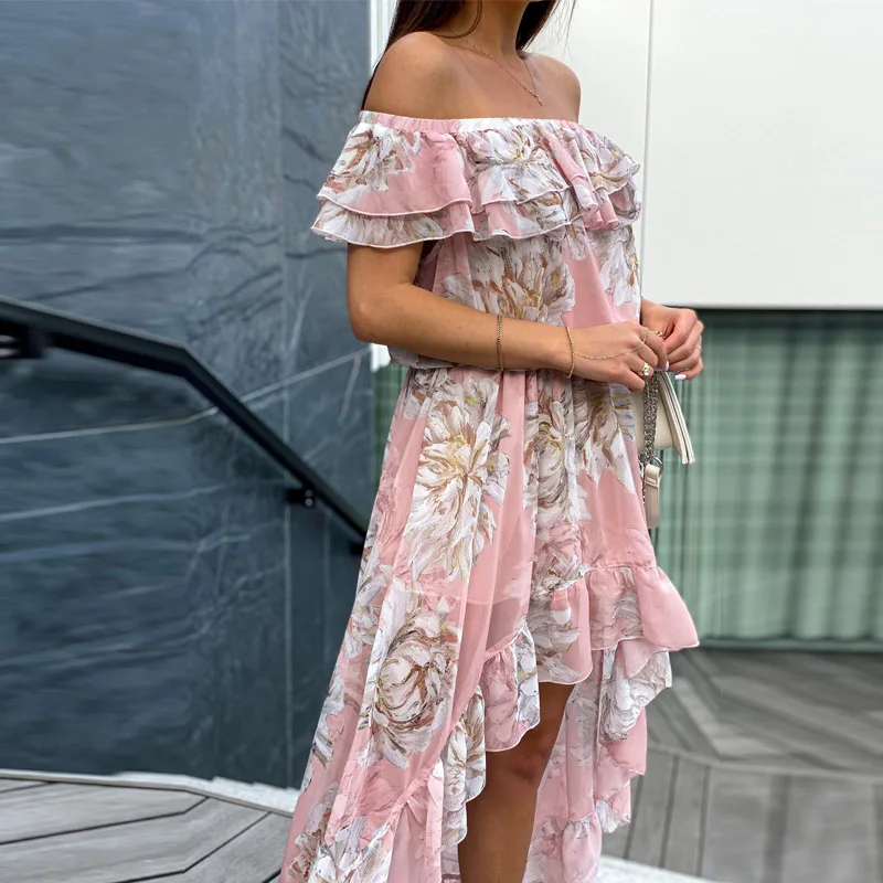

Vintage Floral Print Beach Long Dress Summer Elegant Ruffle Lady Party Dresses Women Sexy Irregular Off Shoulder Dress Vestidos