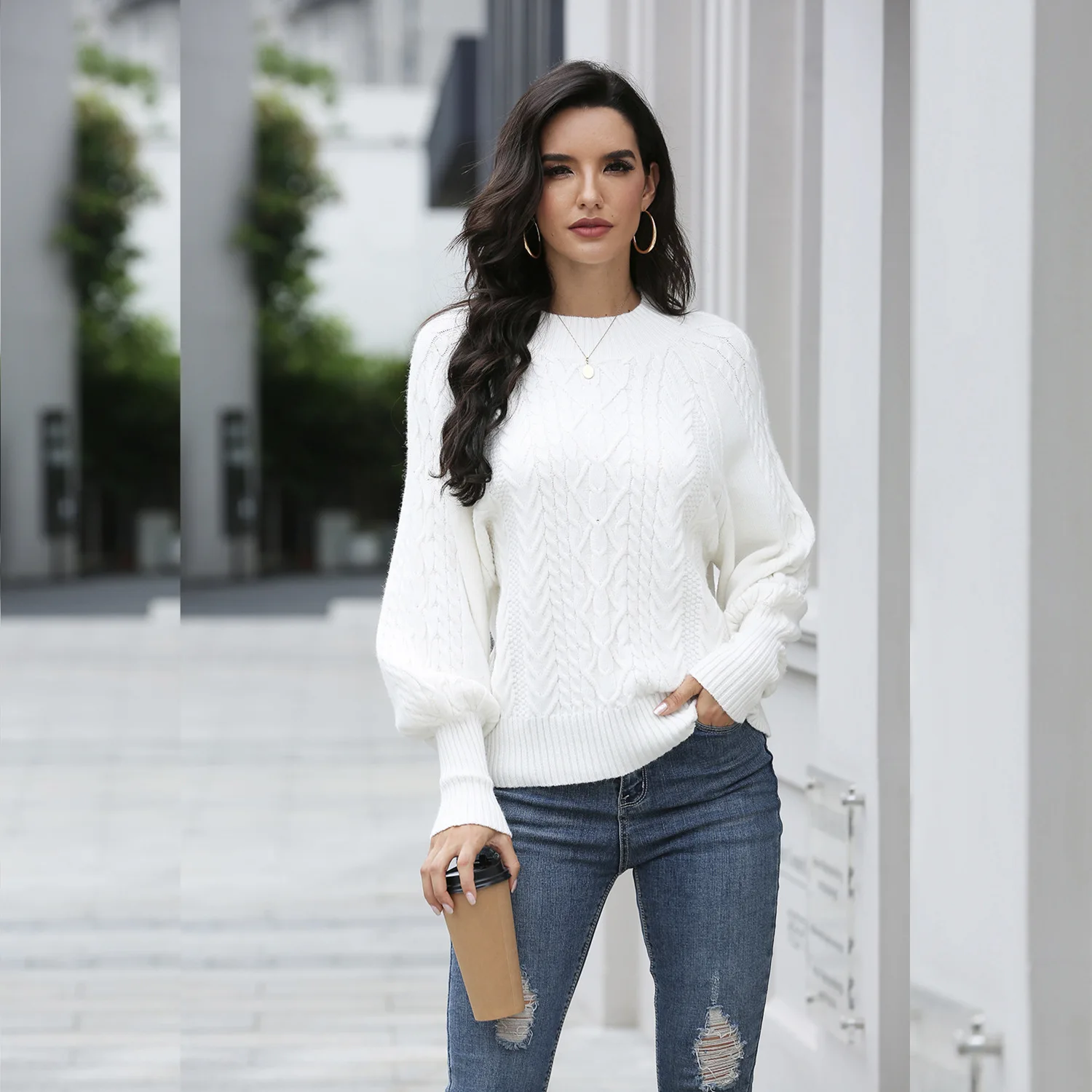 

2021 Fall/Winter Women's Lantern Sleeve Half High Neck Core-spun Pullover