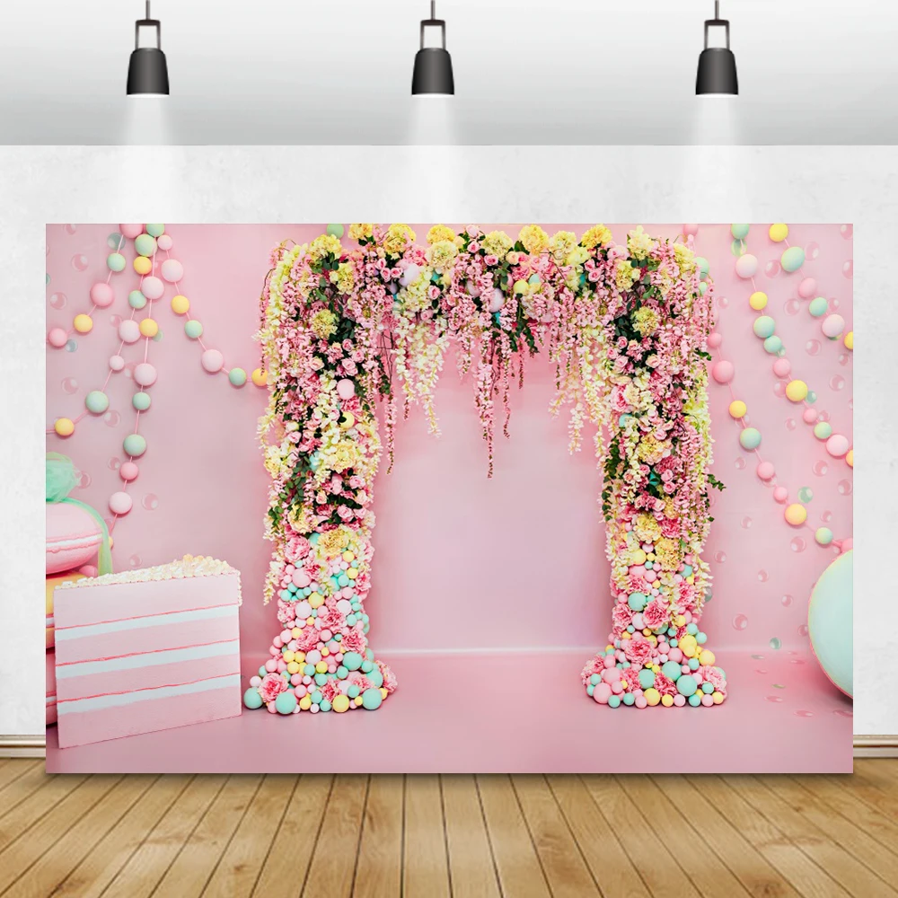 

Laeacco Baby Shower Newborn Birthday Backdrops Photozone Photocall Pink Wall Balloons Cake Donut Flowers Photography Backgrounds