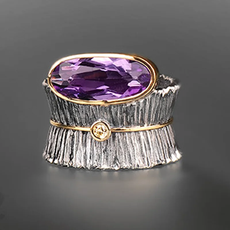 

Vintage Two-Tone Purple Crystal Topaz Ring European and American Fashion Exaggerated Ring Hot Selling Luxury Women's Jewelry